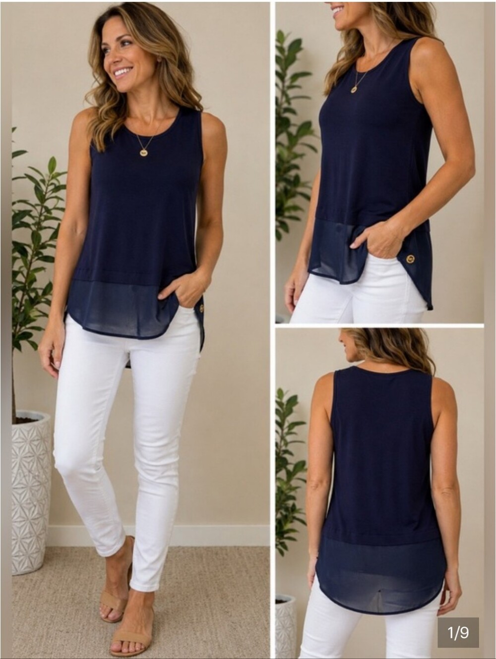 MICHAEL Michael Kors Layered Chiffon Hem Tank Top Slate Blue XL
